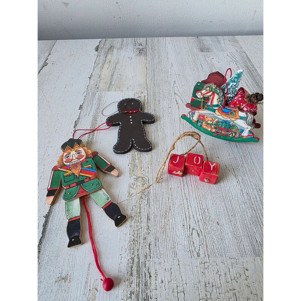 Vintage wooden‎ jointed nutcracker gingerbread rocking horse ornament Xmas tree